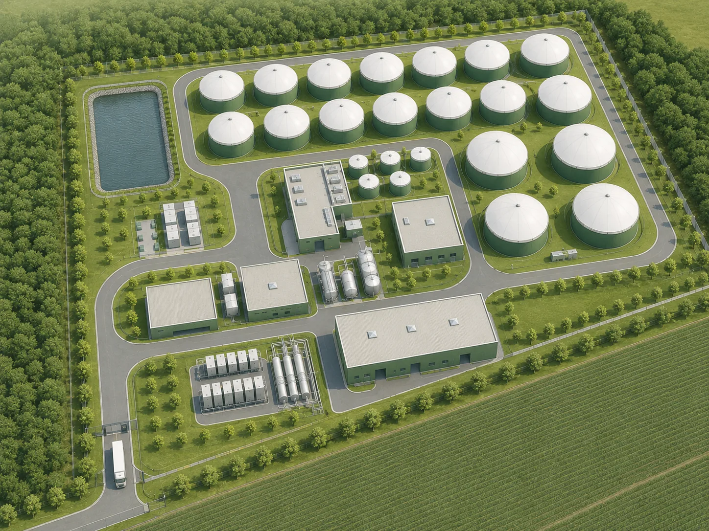 Uproszczona wizualizacja planowanej biometanowni jako uporządkowanego obiektu technologicznego.